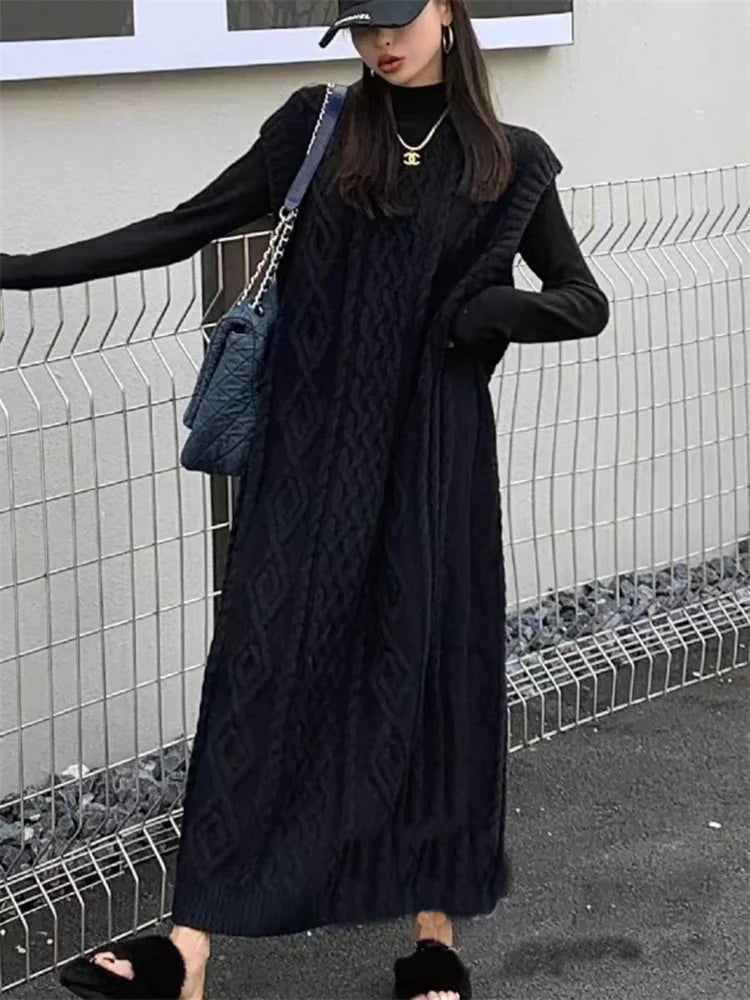 Knit Loose Patchwork Maxi Dress for Sleeveless High Waist Ribbed Dress Knitwear Dress