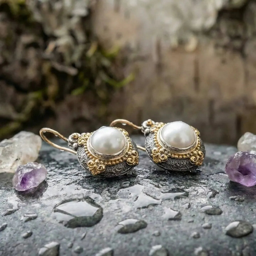 Vintage Inlaid Golden Pearl Earrings