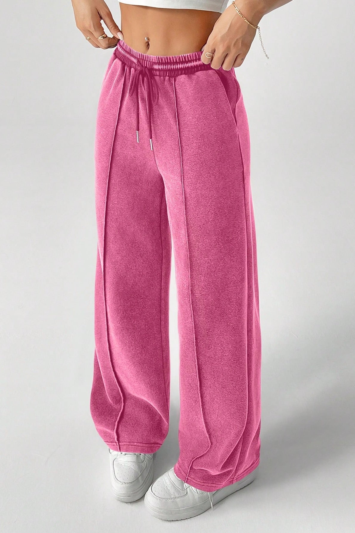 Color Drawstring Waist Wide Leg Sweat Pants