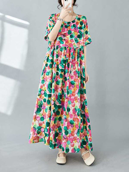 Half Sleeves Loose Pleated Polka-dot Printed Split-joint Round-neck Midi Dresses