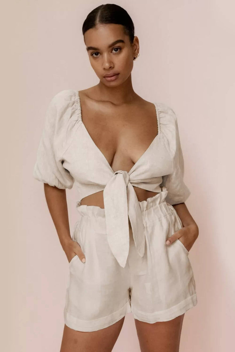Linen Wrap Front Tie Puff Sleeve Shorts Sets in Khaki