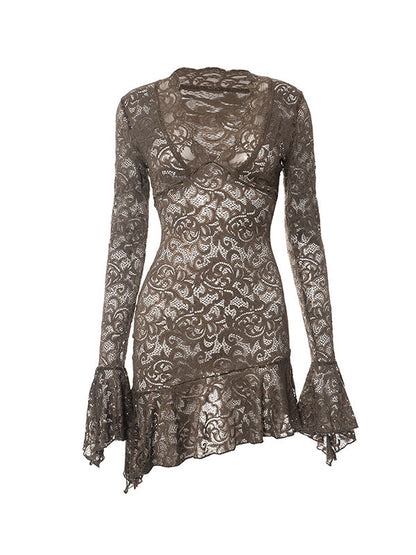 Lace V Neck Mini Dress With Trumpet Sleeve