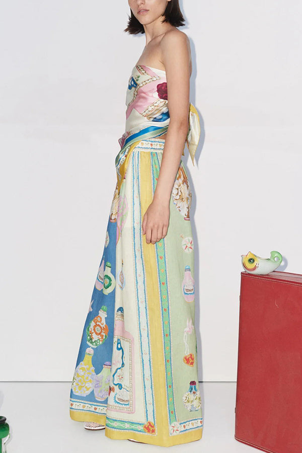 Creating Memories Linen Blend Unique Print Elastic Waist Pocket Wide Leg Pants