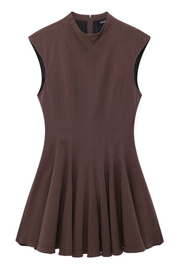 Color Round Neck Sleeveless Waist Mini Dress