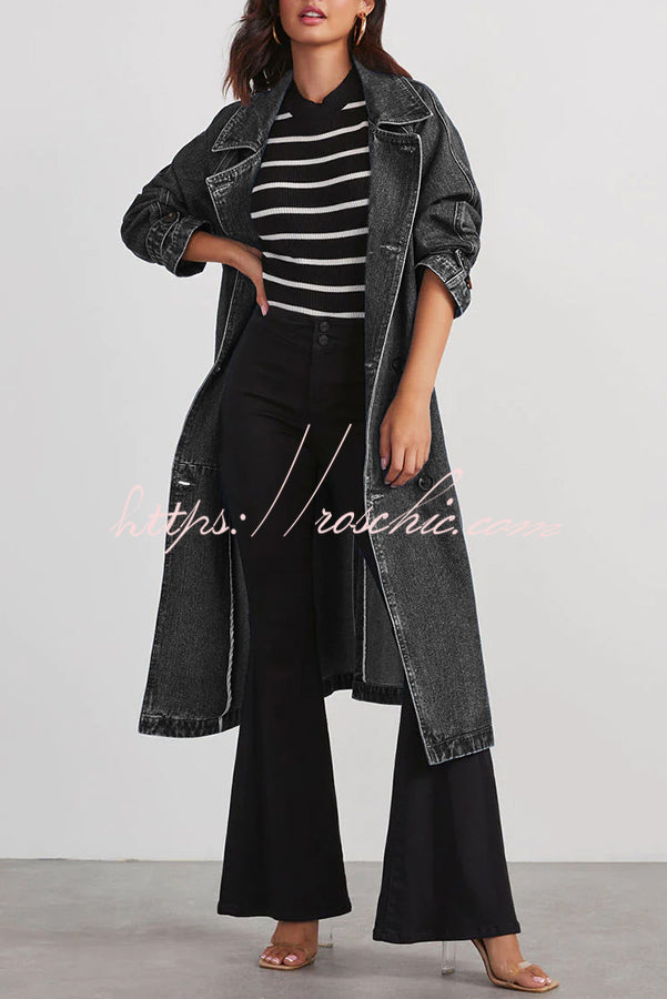 Color Denim Double Pocket Button Down Midi Trench Coat