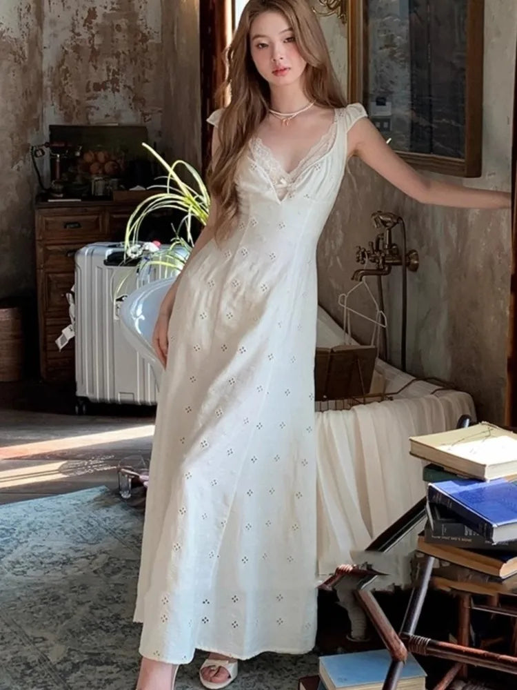 New Summer Hollow Out Midi Dress V-neck Vocation French Style White Dress Korean Slim Vestidos