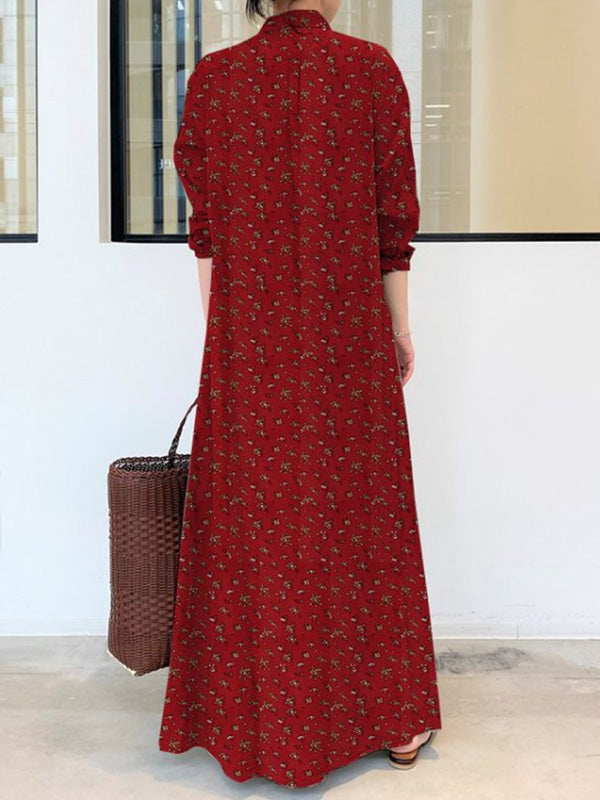 Printed Lapel Long Sleeve Shirt Maxi Dress