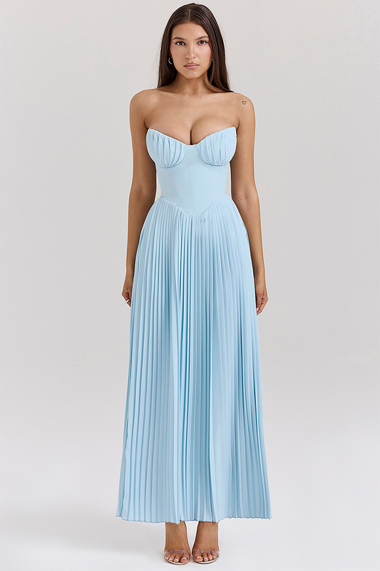 Strapless Cinch Waist Pleated Maxi Dresses-blue [pre Order]