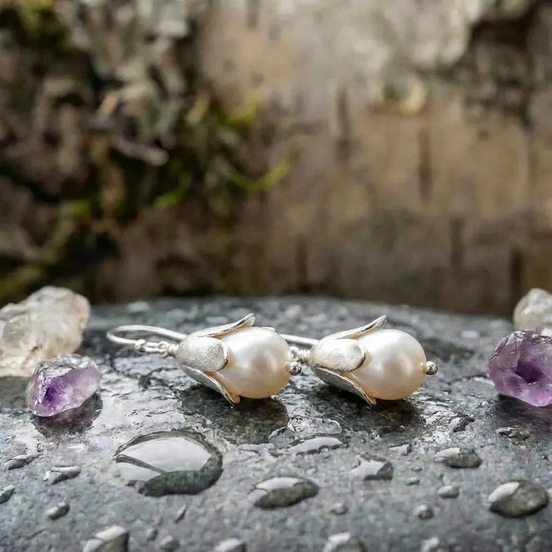 Vintage Lotus Pearl Silver Earrings