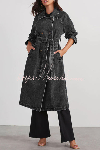 Color Denim Double Pocket Button Down Midi Trench Coat