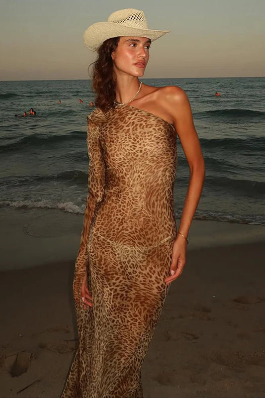 Leopard Print Spice Girl Slanted Shoulder Maxi Dress