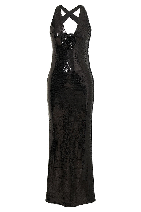 Sicilian Rose Sequin Three-dimensional Backless Maxi Dress