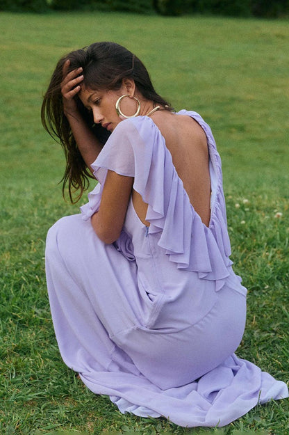 Simple Deep V Ruffle Maxi Dress