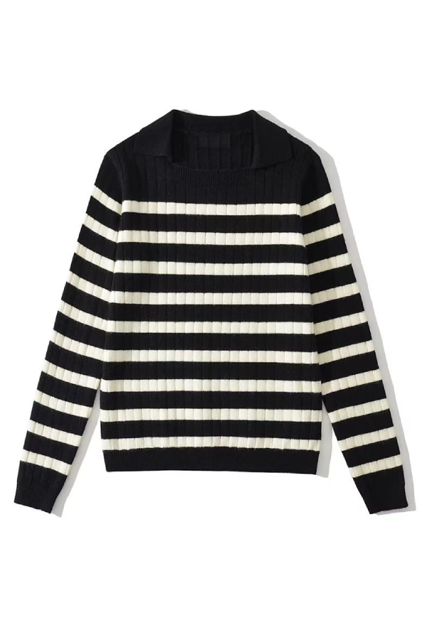Lapel Loose Striped Knit Sweater