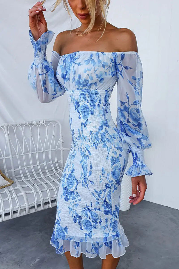Shine Bright Off Shoulder Smocked Waist Midi Dress