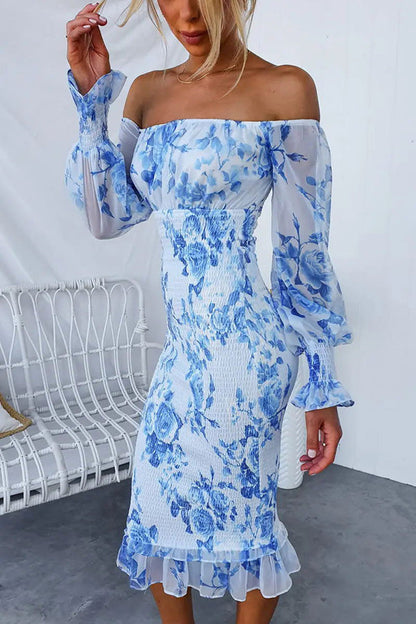Shine Bright Off Shoulder Smocked Waist Midi Dress