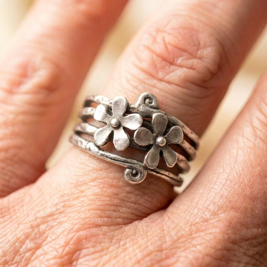 Vintage Flower Silver Layered Ring
