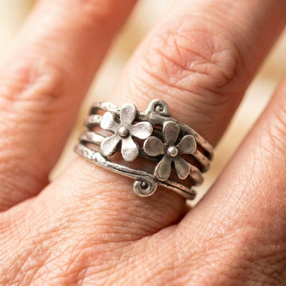 Vintage Flower Silver Layered Ring