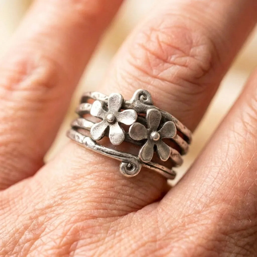 Vintage Flower Silver Layered Ring