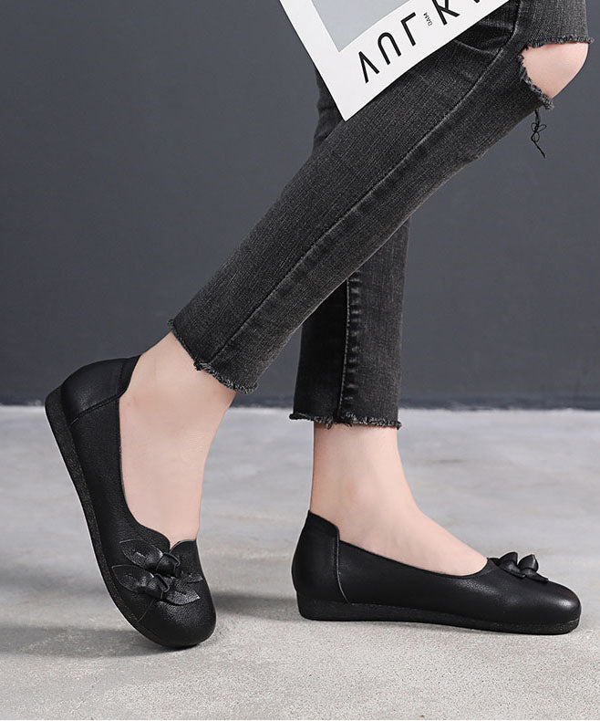 Black Bow Flat Shoes for Handmade Cowhide Leather Flat Shoes