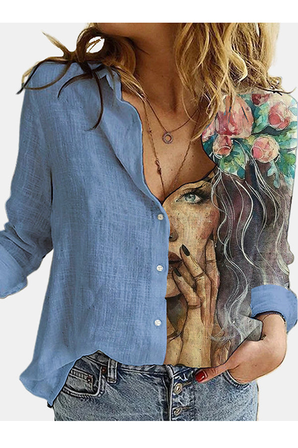 Figure Print Button Design Long Sleeve Blouse