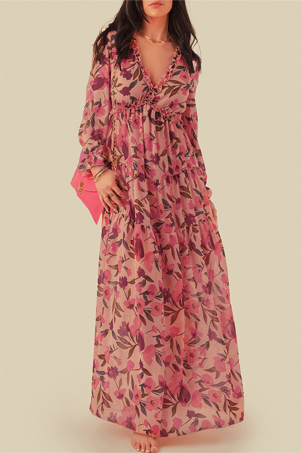 Pastel Red Print Ruffle Trim Plunge Neckline Maxi Dress