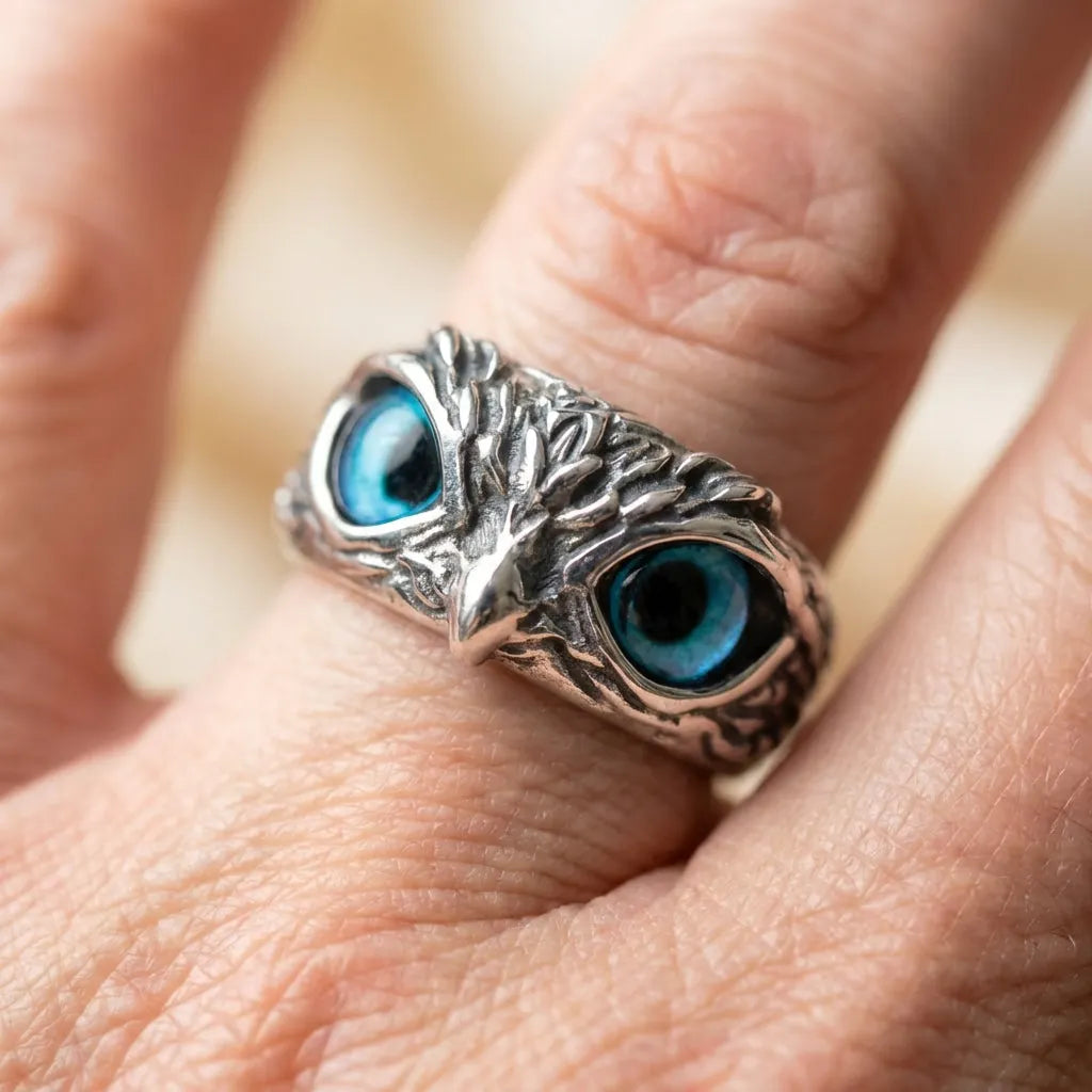 An Owl Of Good Luck Adjustable Ring In Silver And Opal