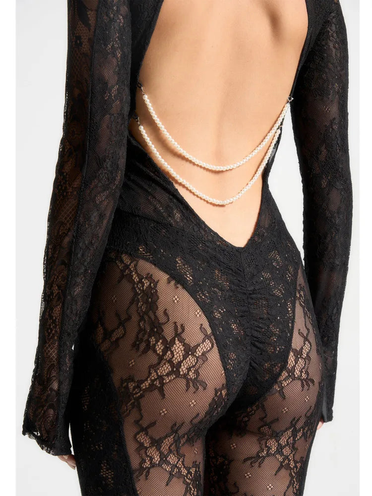 Lace Patchwork Long Sleeved See Through Jumpsuit Tight Backless Autumn Winter New Female Party Clothing