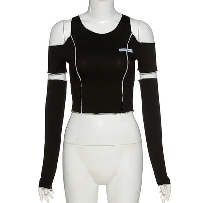 Patchwork Black T-shirts Gothic One Shoulder Sleeve Crop Tops Ruffles Hem Hip Hop Techwear Tees