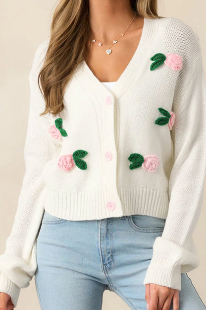 3d Flower Buttoned Knit Cardigan