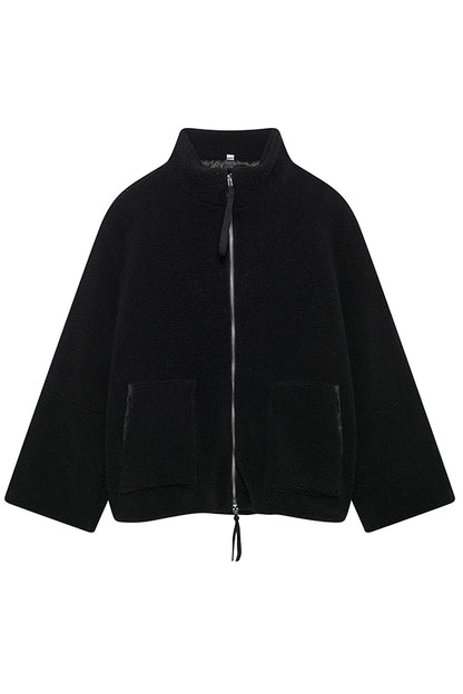 Color Stitching High Collar Long Sleeve Loose Pocket Woolen Coat