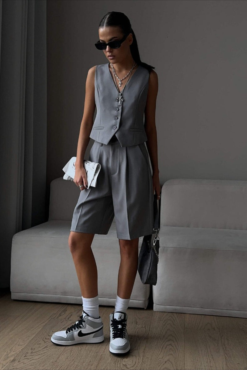 V Neck Single Breasted Two Piece Vest Shorts Set