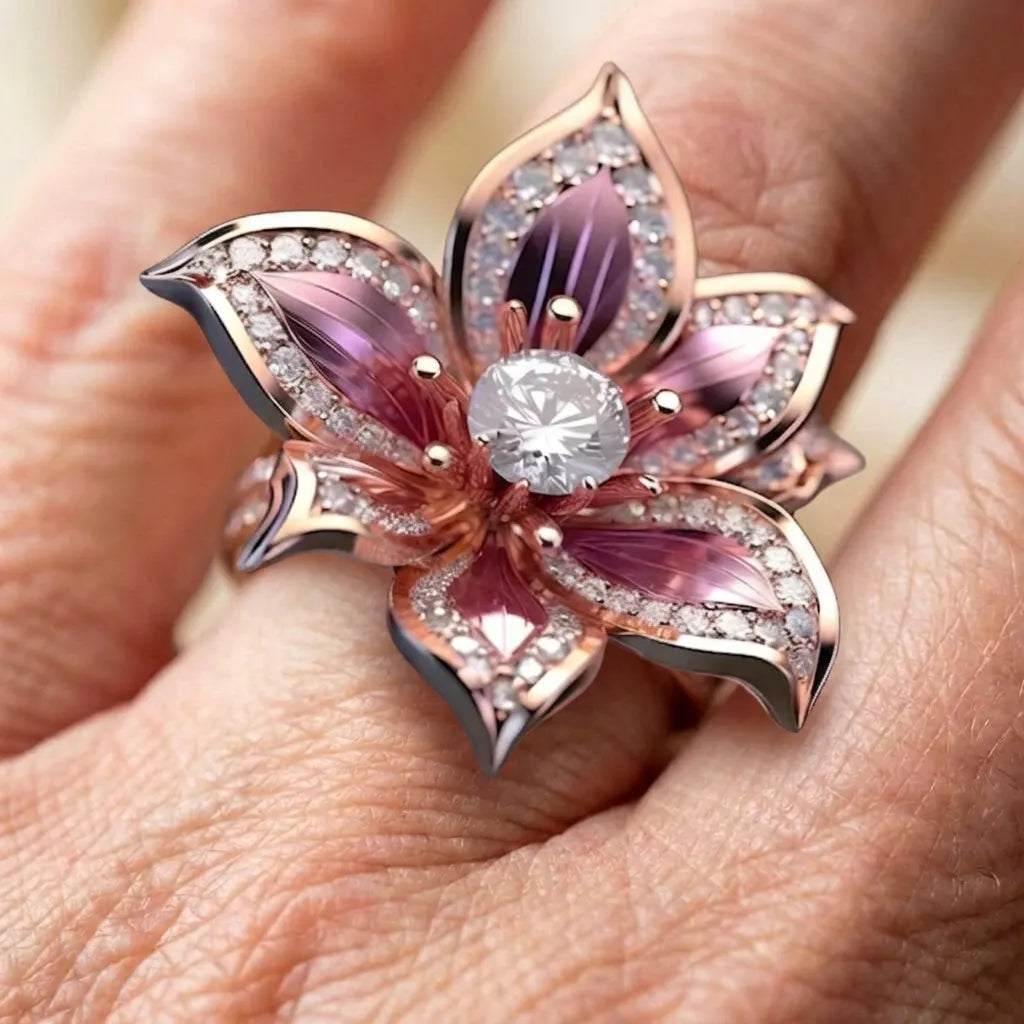Exotic Pink Lotus Crystal Ring