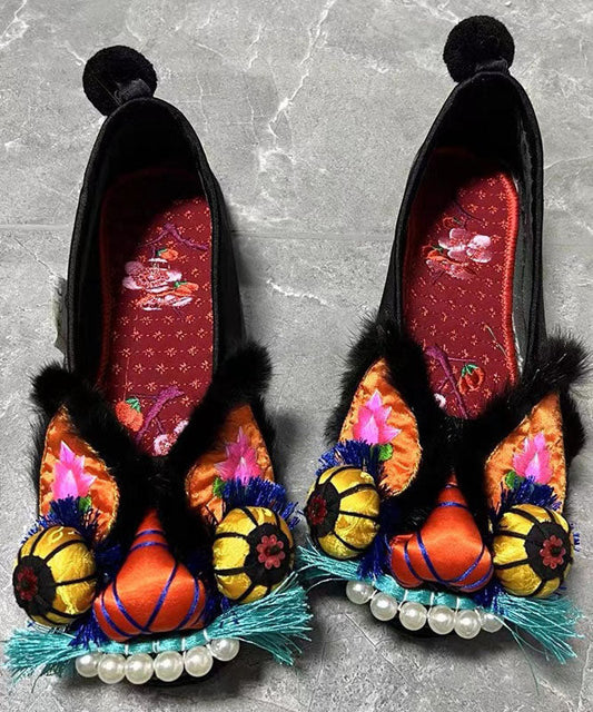 Embroideried Splicing Flat Feet Shoes Black Cotton Fabric