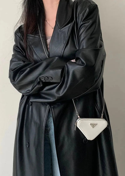 Retro Black Pu Leather Trench Coat - Double-breasted