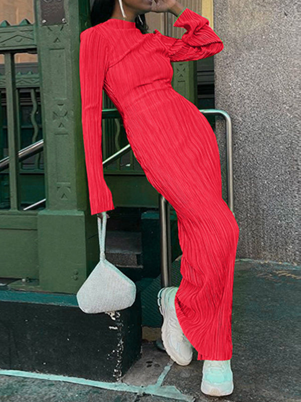 Long Sleeves Skinny Pleated Color Split-joint Round-neck Maxi Dresses