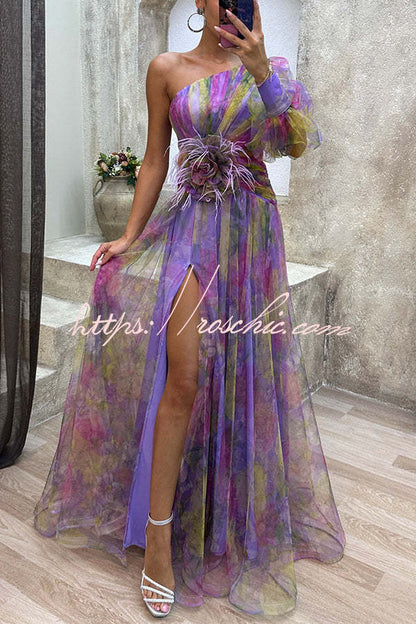 Picturesque Beauty Tulle Pleated One Shoulder Sleeve Slit Maxi Dress