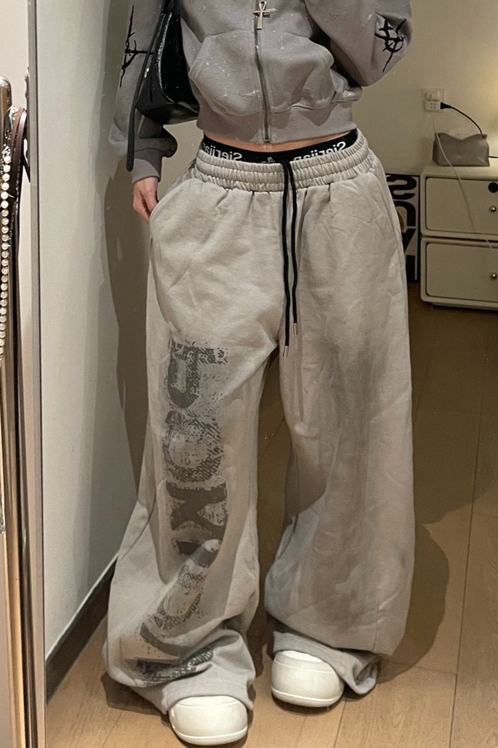 Letter Print Tie Wide Leg Sweat Pants