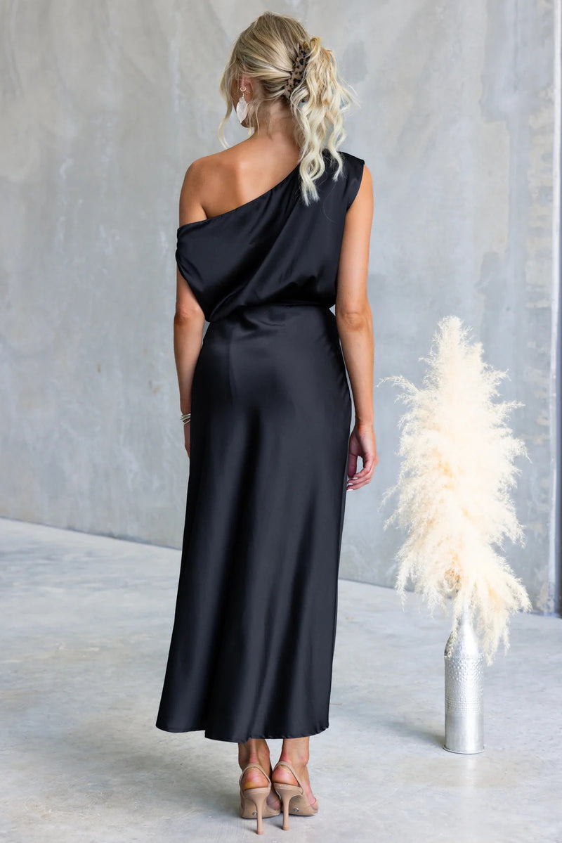 Color One-shoulder Sleeveless Belted Maxi Dress