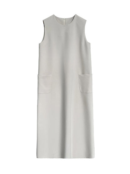 High Waisted Loose Pockets Color Split-back Zipper Round-neck Midi Dresses