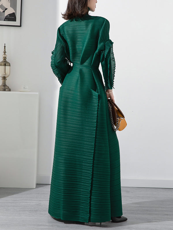 Long Sleeves Loose Tied Pleated Stand Collar Midi Dresses