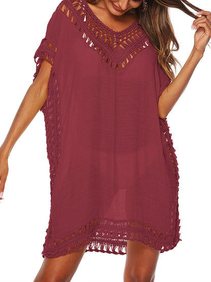 Loose Raglan Sleeve Hollow See-through Color Split-joint V-neck Mini Dresses
