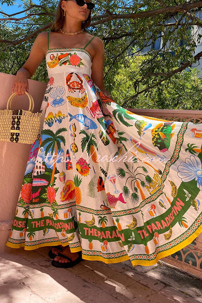Holiday Paradise Linen Blend Unique Print Smocked Back Pocket Maxi Dress