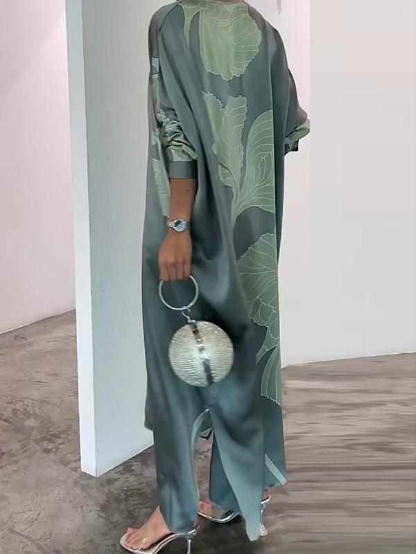 Long Sleeves Buttoned Contrast Color Flower&leaves Print Muslim V-neck Maxi Dress