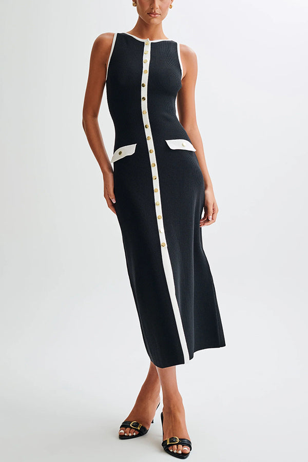 Slim Fit Crew Neck Buttoned Sleeveless Knit Midi Dress