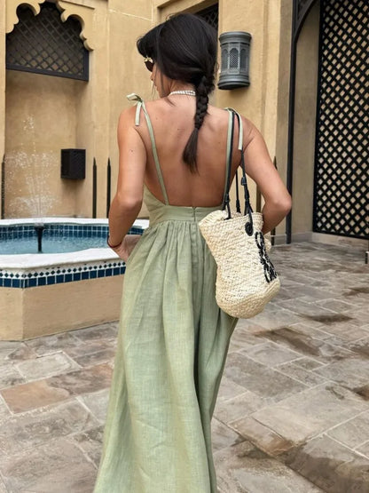 Backless Beach Dress for V Neck Splice Folds Long Dresses Party Bandage Maxi Sundress Female