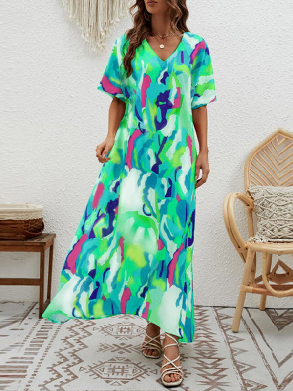 Loose Short Sleeves Contrast Color High-waisted Printed V-neck Maxi Dresses