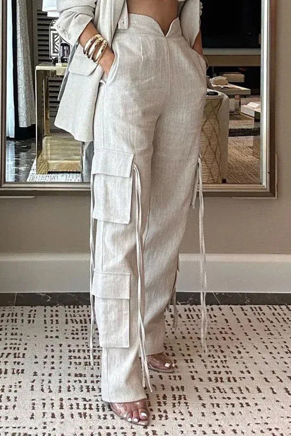 Stylish Lapel Long Sleeve Loose Jacket and Pocket Lace-up Straight Leg Pants Set