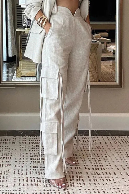 Stylish Lapel Long Sleeve Loose Jacket and Pocket Lace-up Straight Leg Pants Set