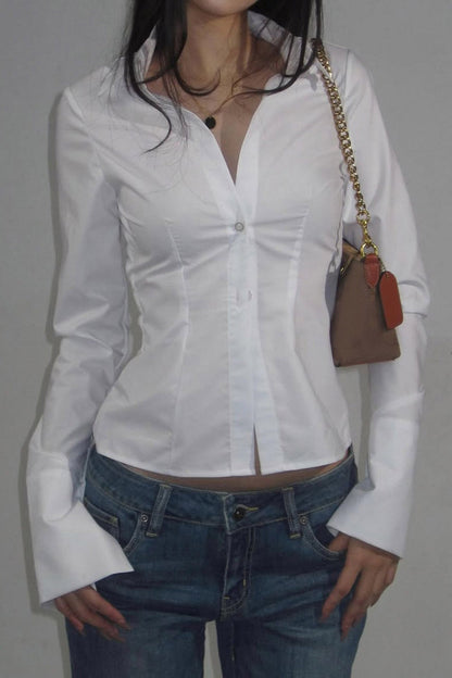 Woven Slim Collared Button-front Blouse